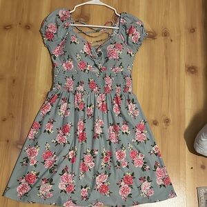 Floral Gray Dress with Pink Roses